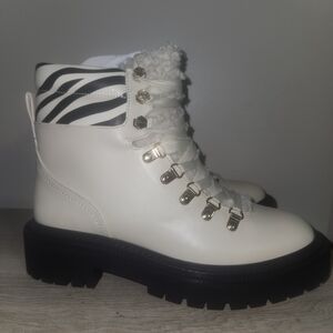 Circus Sam Edelman Boots White Zebra Print Sherpa Trim Gold Detail Lace Up Ankle
